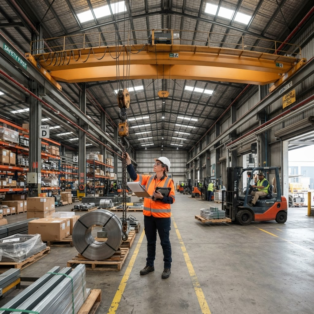 Emelőgép-ügyintéző dokumentációval ipari csarnokban, híddaru és targonca mellett